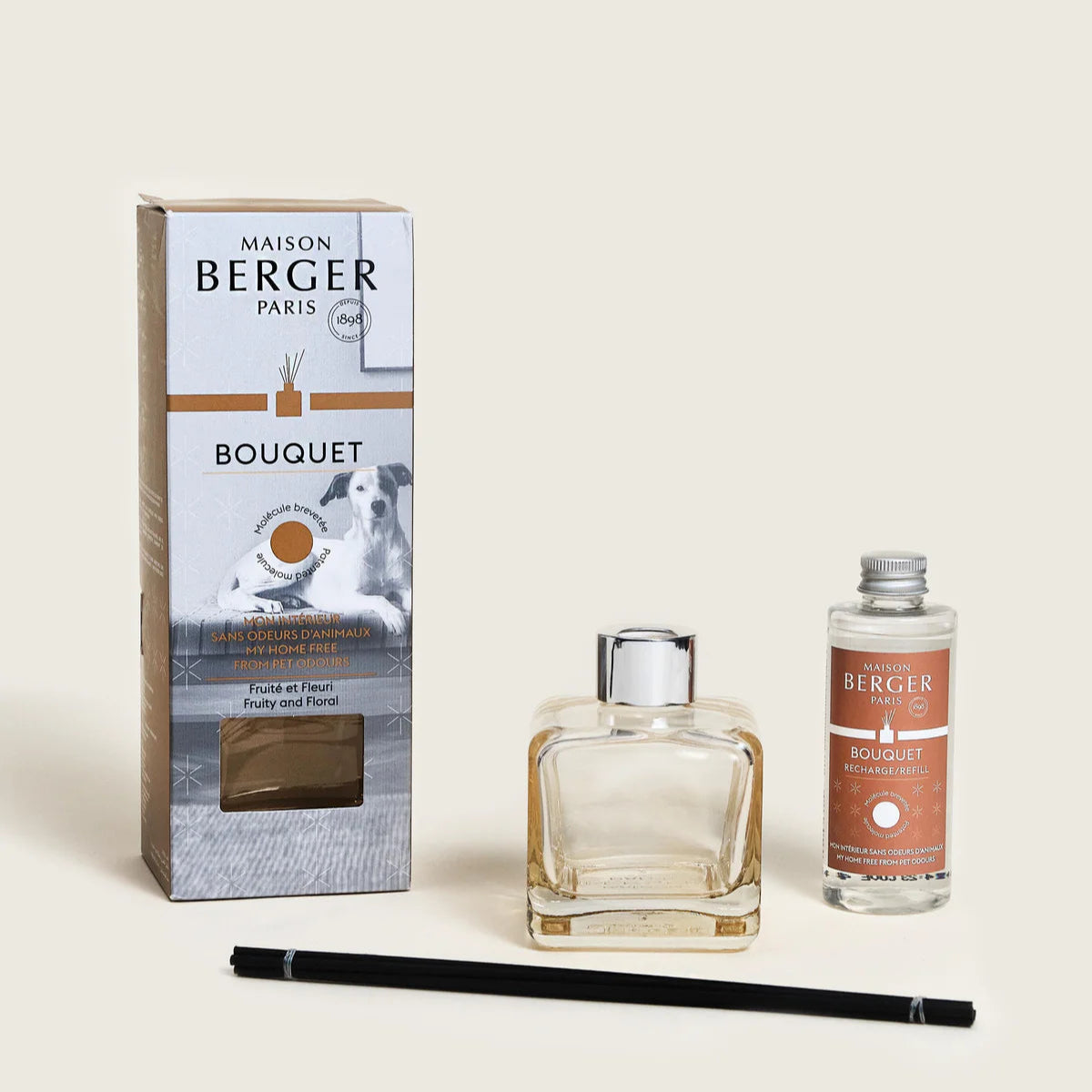 Maison Berger duftpinde med cube flakon og sorte duftpinde til hjemmeduft