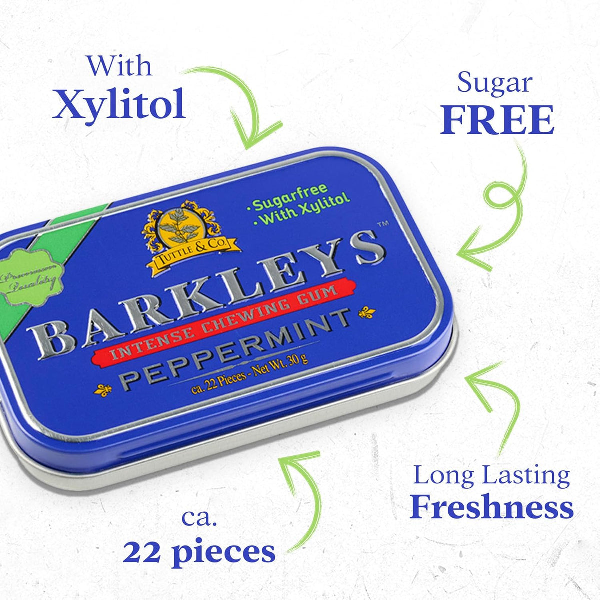 Barkleys Sugar Free Gum – naturlig sukkerfri tyggegummi med Xylitol i retro æske. Vælg mellem Peppermint, Spearmint eller Cinnamon.