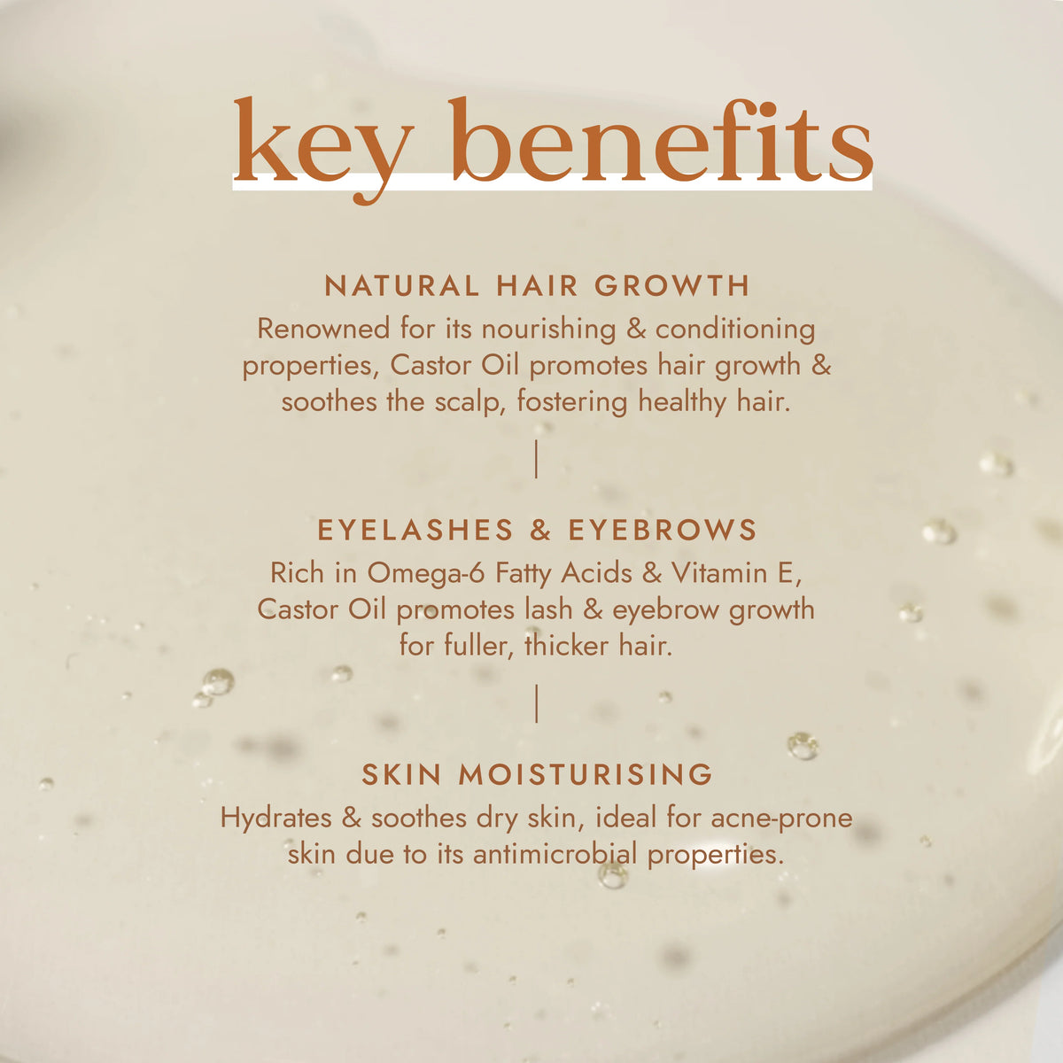 Text overlay on a beige background highlighting key benefits of castor oil for hair and skin