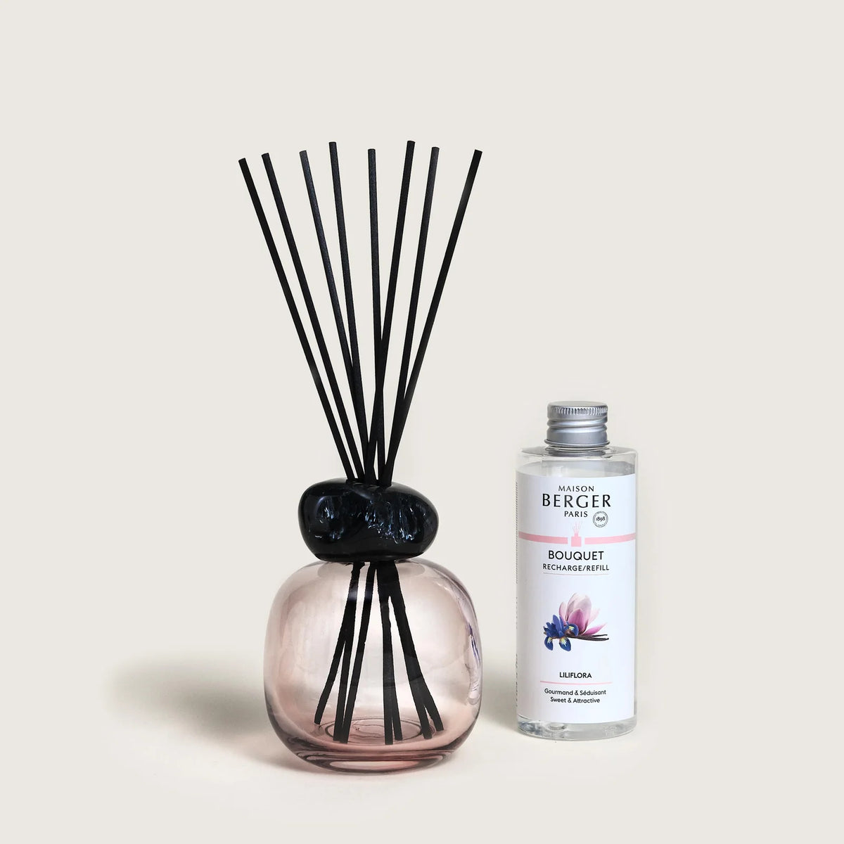 Sort og rosa Maison Berger duftpinde flakon med Liliflora duft