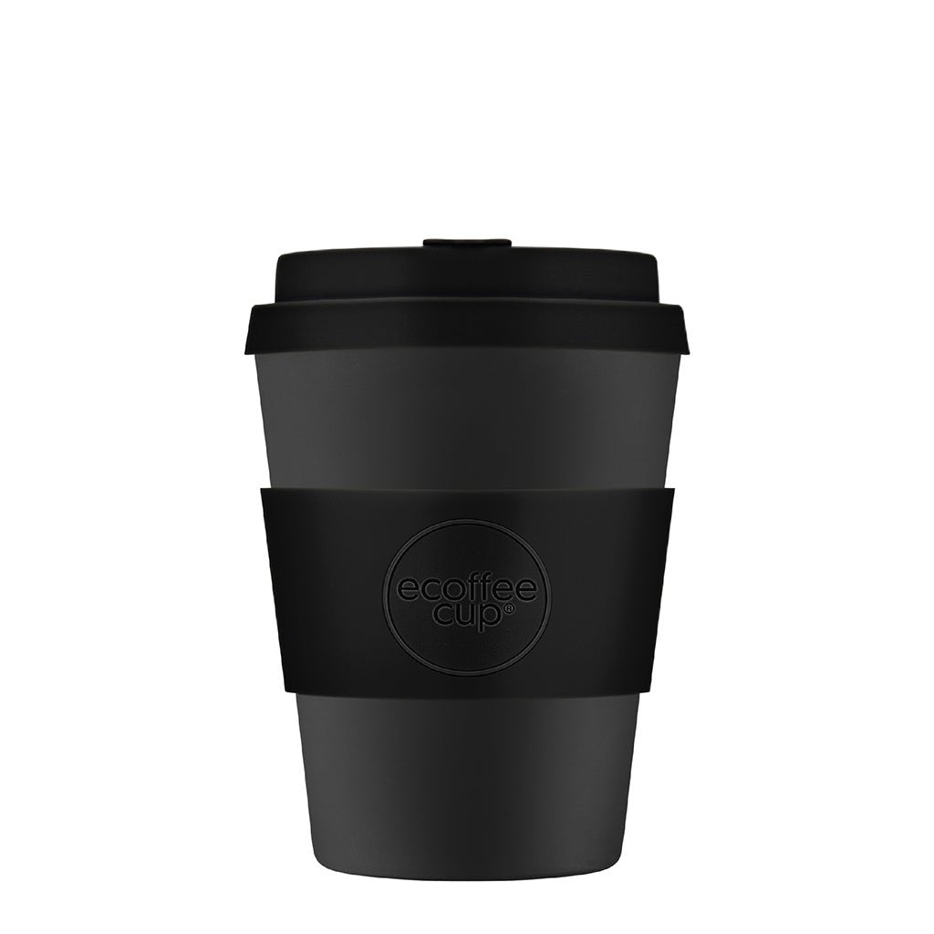 Sort genanvendelig kaffekrus i bioplast med låg til rejse og daglig brug