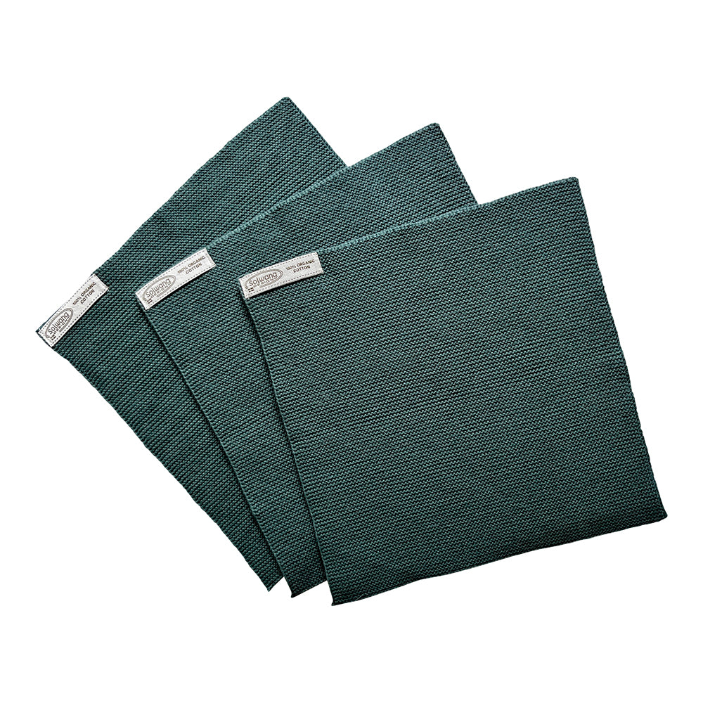 Tre grønne strikkede karklude i økologisk bomuld, miljøvenligt hjemmetilbehør, zero waste køkken, øko-Tex certificeret
