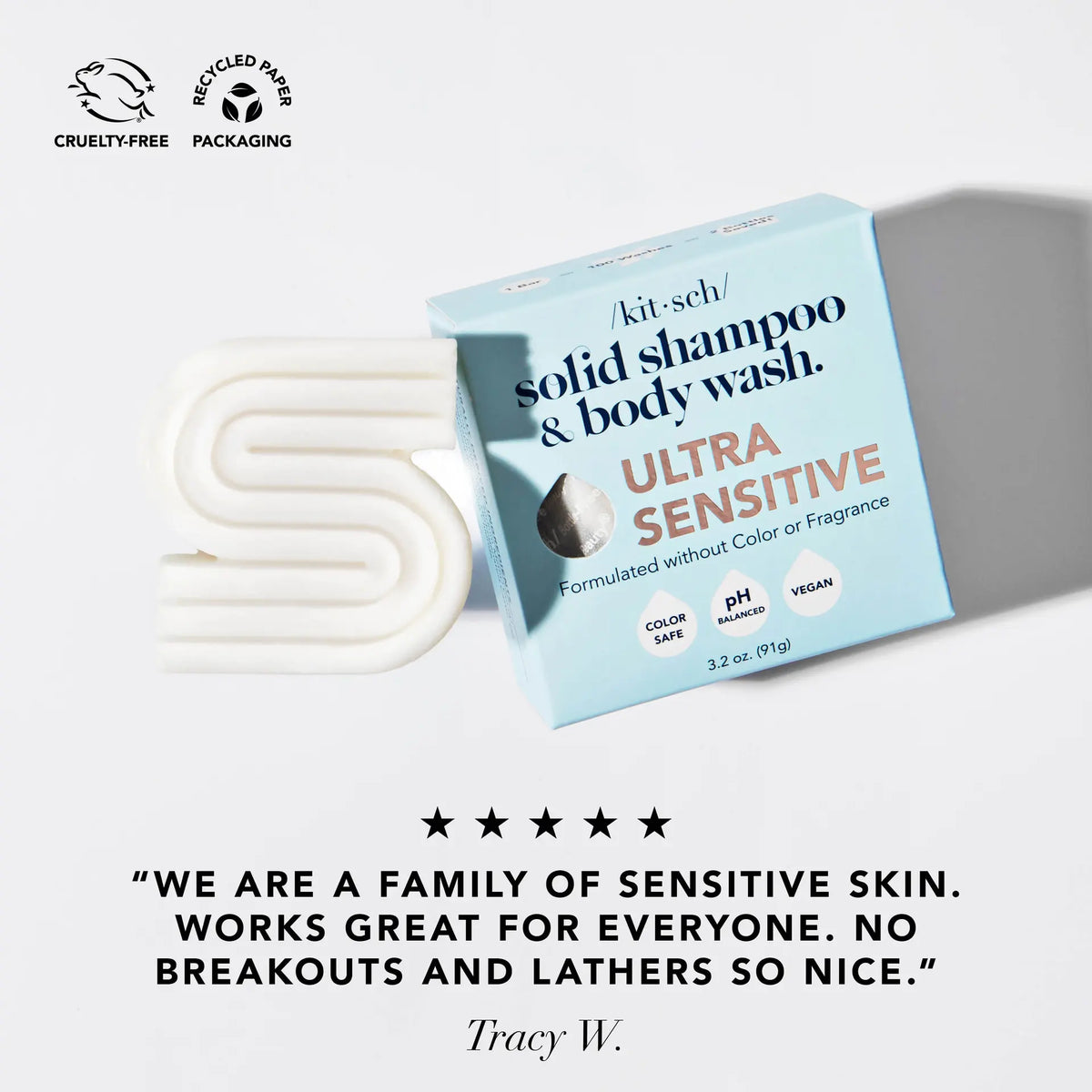 KITSCH Ultra Sensitive Shampoo & Body Wash Bar – mild, duftfri 2-i-1 bar til sensitiv hud og hår. Vegansk, cruelty-free og fri for sulfater, parabener og silikoner. Zero-Waste & klinisk testet.