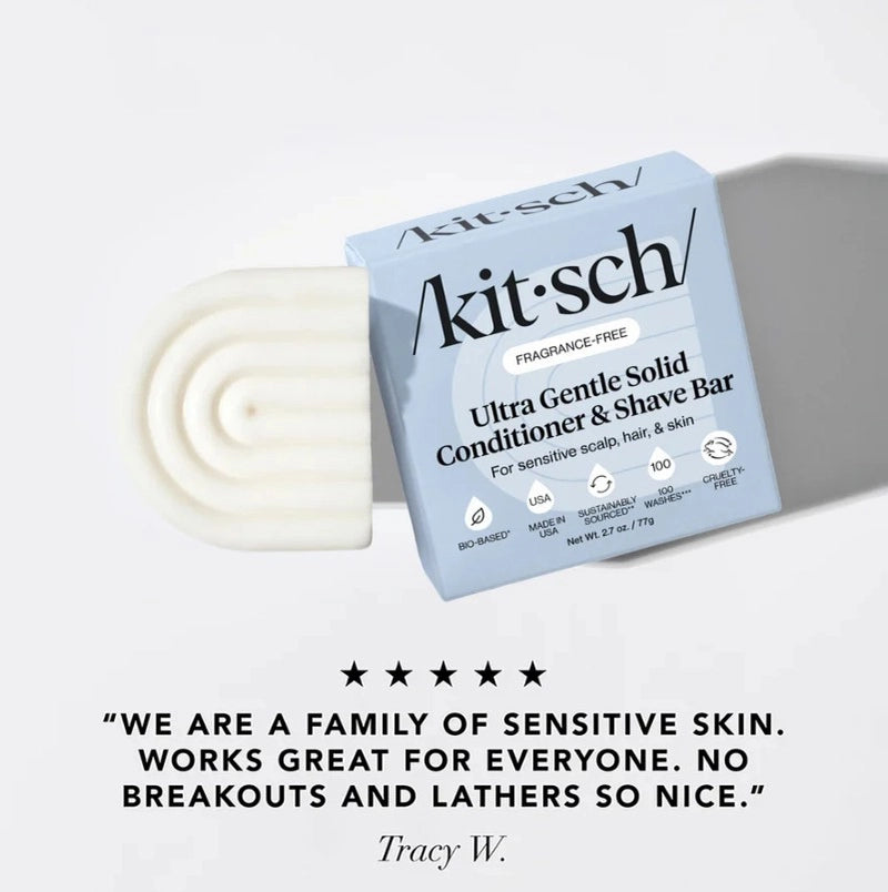 2-i-1 leave-in balsam & shave bar til sensitiv hud. Fugter, plejer og beskytter hår og hud. Duftfri, vegansk & zero-waste.