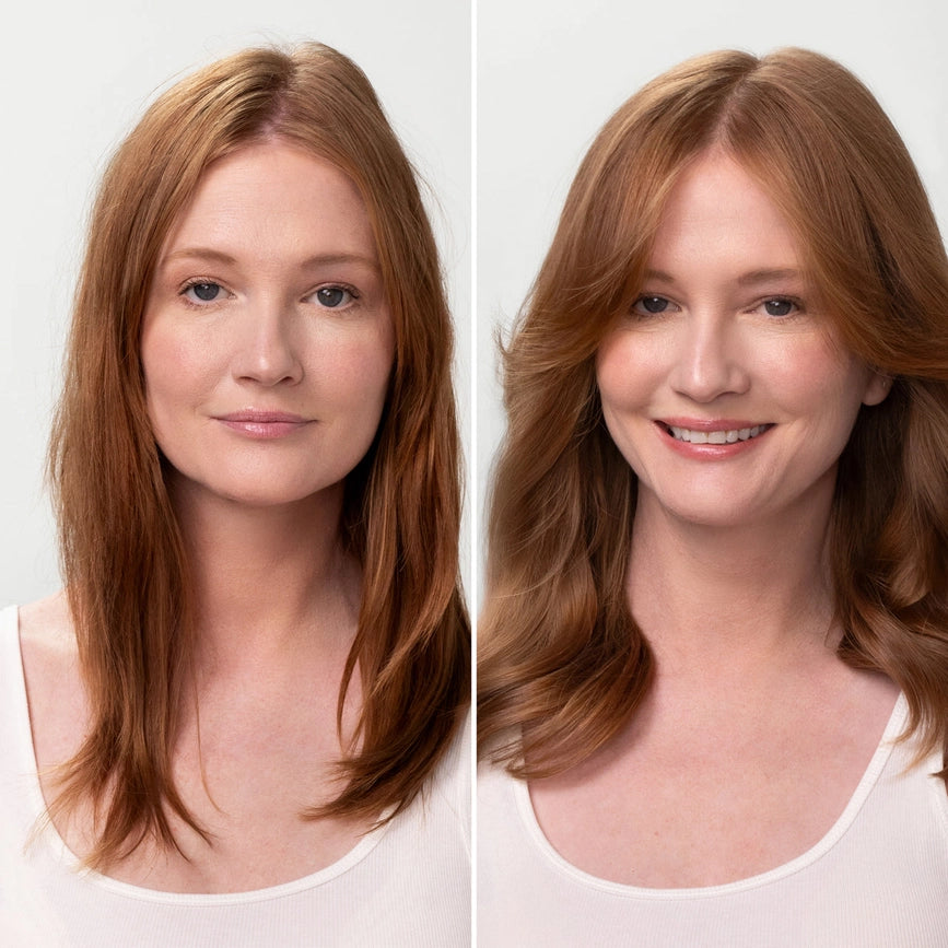 Redhead kvinde med glat hår, naturlig skønhed, hvid top, neutral baggrund