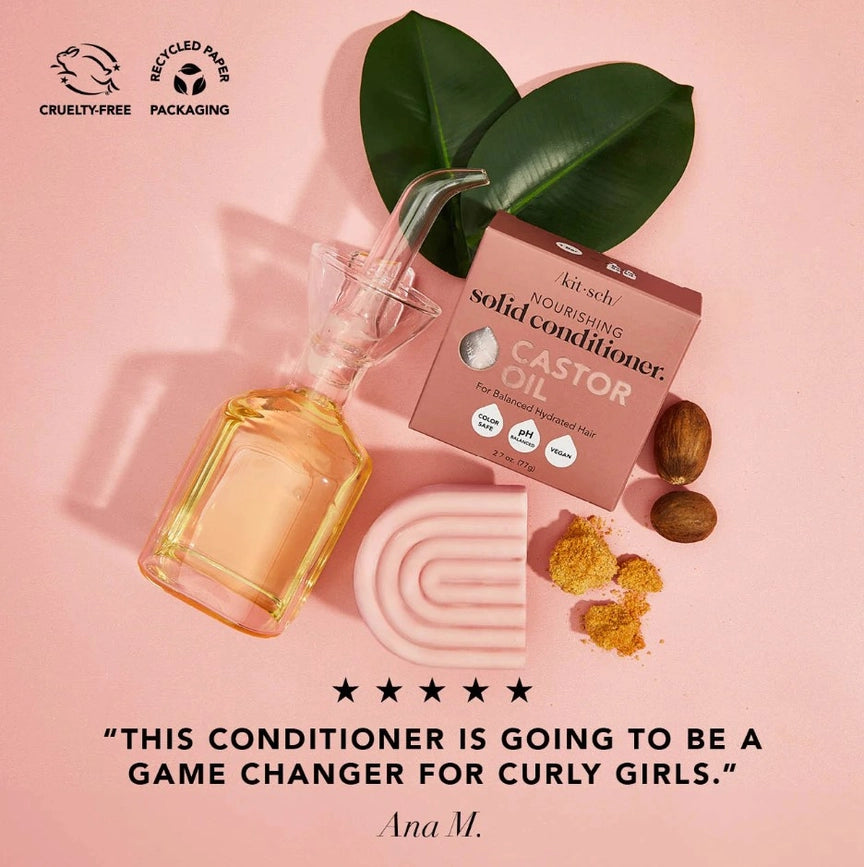 Fugtgivende balsam bar med castor oil. Styrker, blødgør og reducerer krus i tørt hår. Vegansk, bæredygtig & zero-waste fra KITSCH.