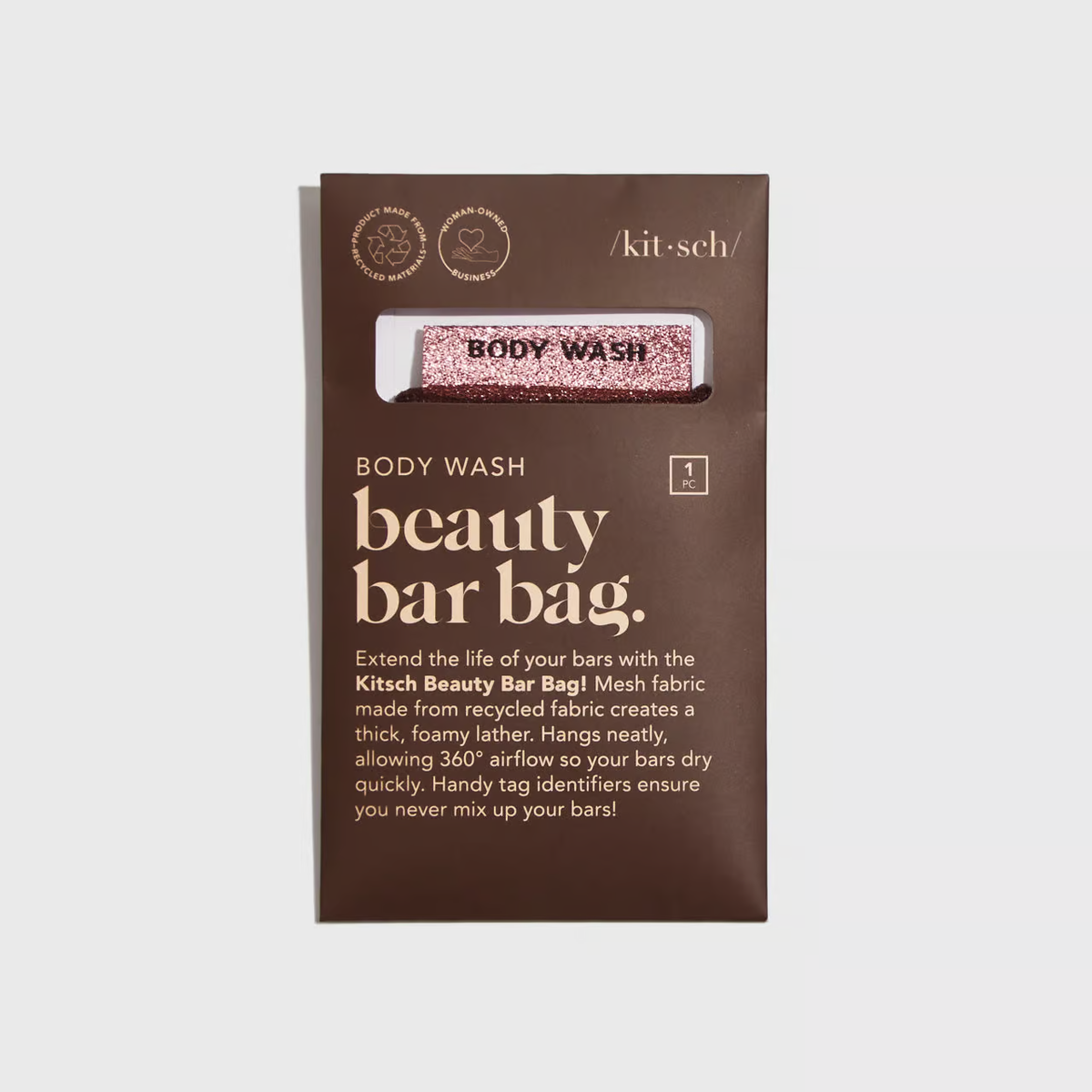 Forlæng levetiden på dine body bars og sæber med KITSCH Beauty Bar Saver Bag. En bæredygtig, vegansk sæbepose i genanvendt mesh, der sikrer hurtig tørring, lækkert skum og nul spild.