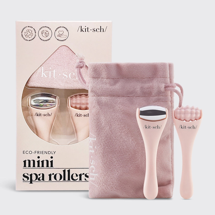 Kitsch mini ansigtsruller i rosa med opbevaringspose til skønhedsredskaber