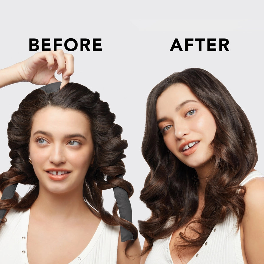 Før- og efterbillede af kvinde med bølget hår, stylet med satin curlers
