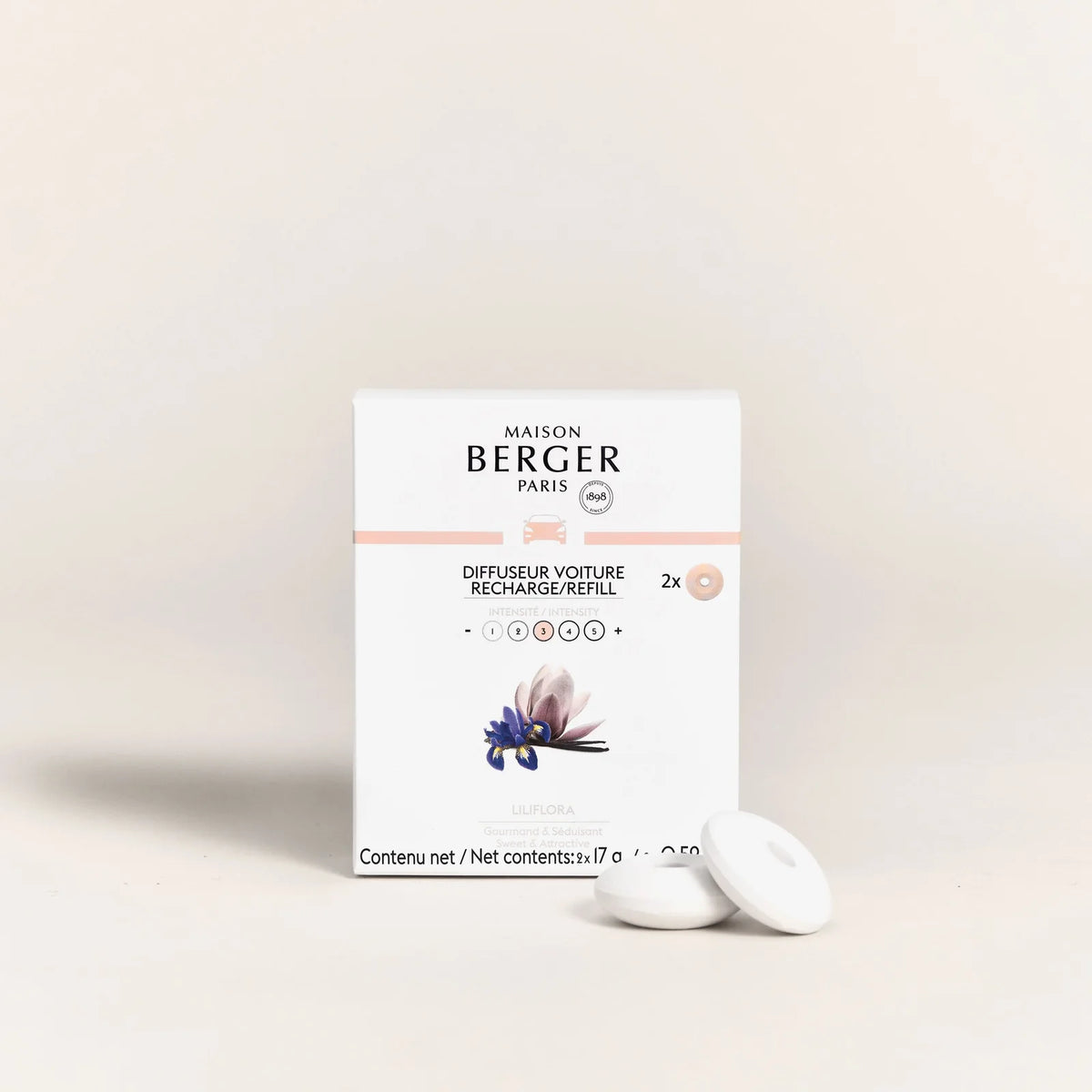 Liliflora refill til Maison Berger bildiffuser spreder en let, feminin blomsterduft og skaber en elegant atmosfære i bilen.
