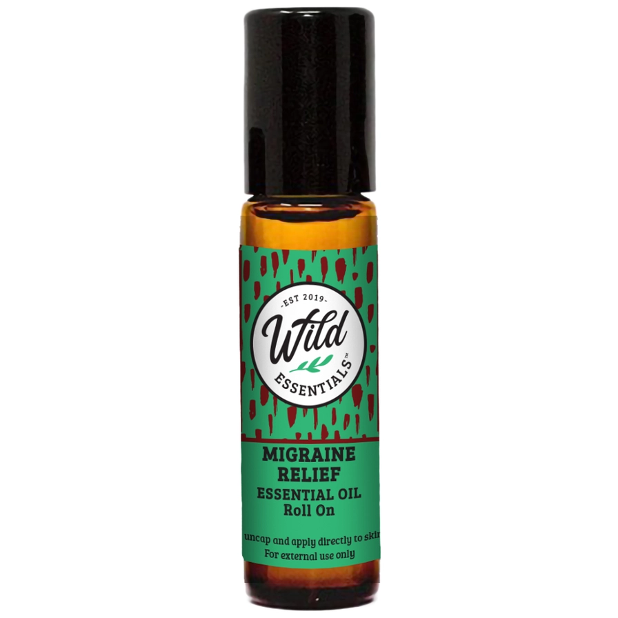 Migraine Relief aromaterapi roll-on i brunt glas med sort låg, til lindring af hovedpine