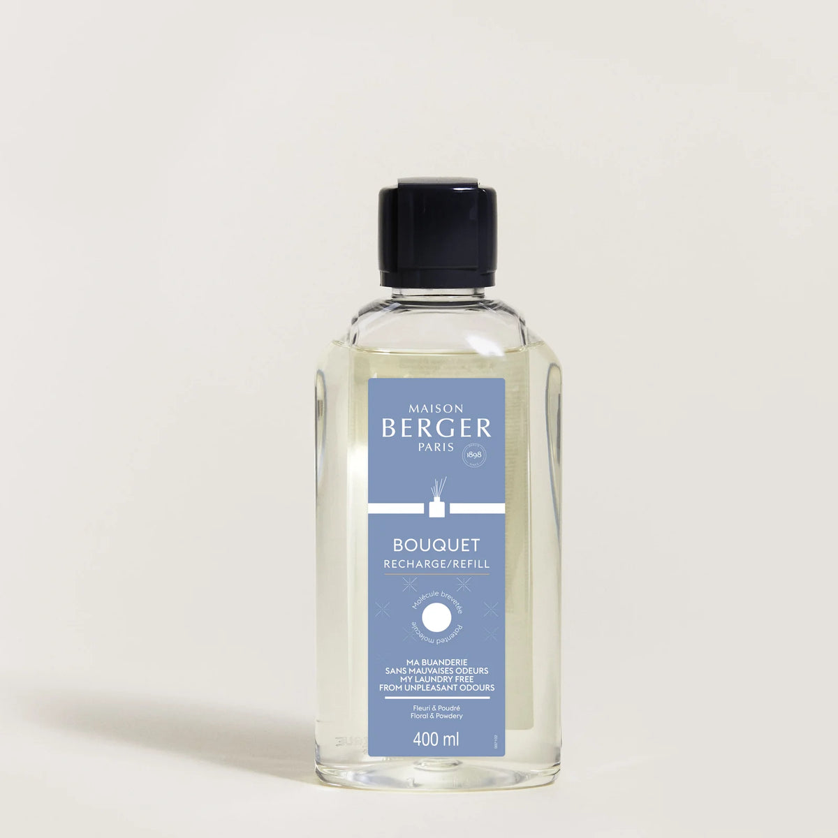 Refill til duftpinde med Maison Berger logo og blå etikette