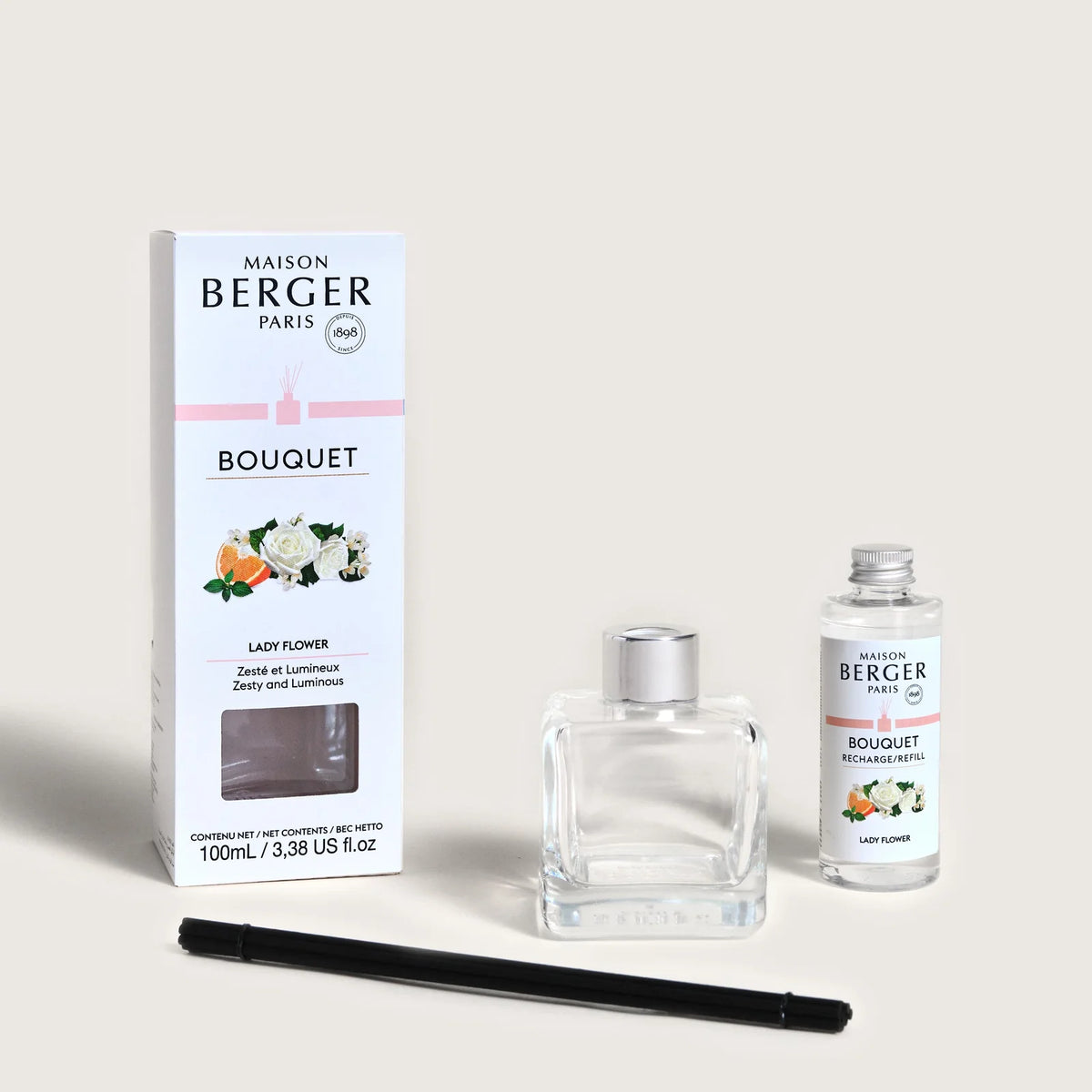 Reed diffuser sæt med Lady Flower fra Maison Berger Paris i hvid æske