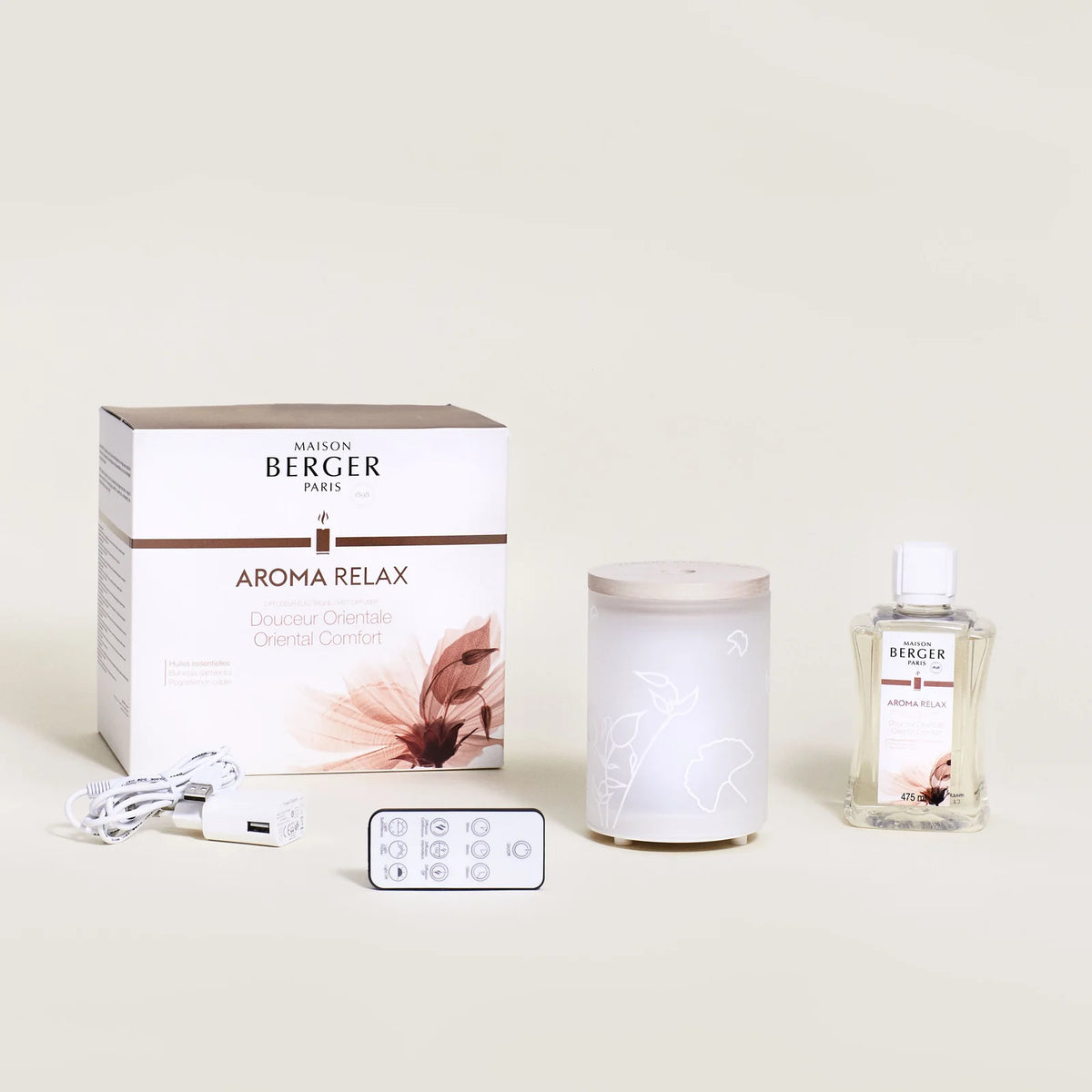 Aroma Relax Diffuser-sæt fra Maison Berger Paris – en harmonisk aromaterapi-oplevelse, der lindrer stress og forvandler dit hjem til et roligt fristed.