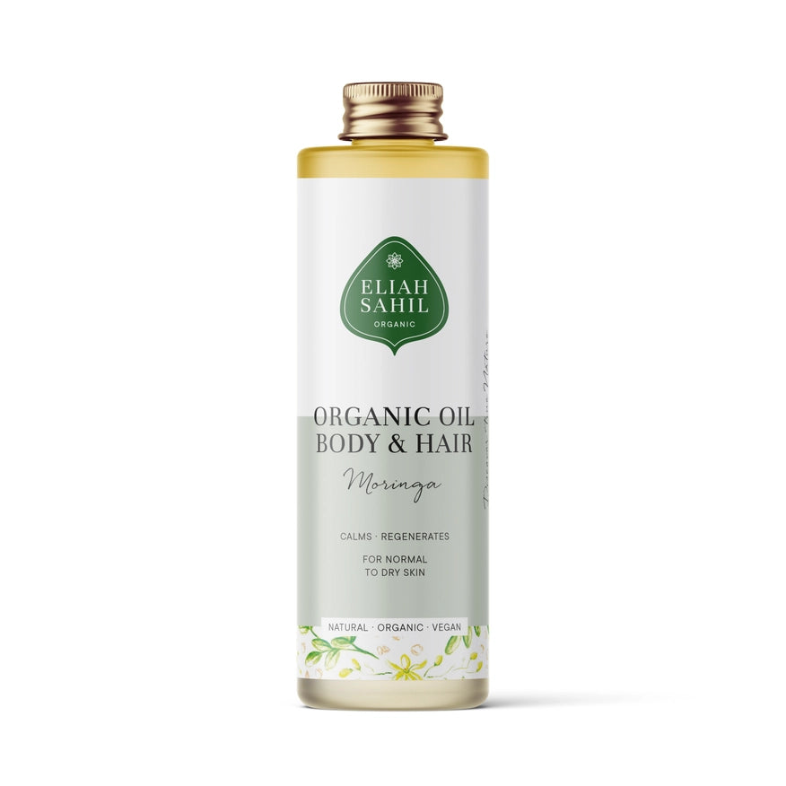 Økologisk body- og hårolie med moringa og rosenolie