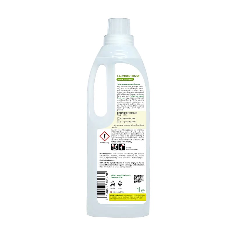 Bagside af økologisk skyllemiddel med instruktioner, ingredienser og miljømærker, 1 liter
