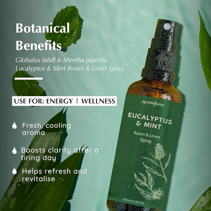Aromafume Roomspray med Eukalyptus & Mynte – frisk, naturlig duftspray med æteriske olier. Renser luften, giver energi og balance i hjemmet.