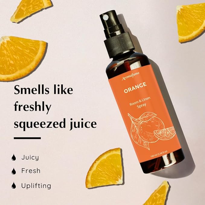 Aromafume Roomspray med Orange – naturlig citrusduft med æteriske olier. Skaber friskhed, energi og glæde i hjemmet. Vegansk & miljøvenlig.
