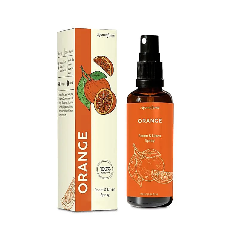 Aromafume Roomspray med Orange – naturlig citrusduft med æteriske olier. Skaber friskhed, energi og glæde i hjemmet. Vegansk & miljøvenlig.