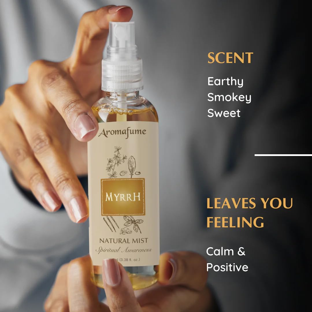 Aromafume Myrrh Resin Mist renser hjemmet for tung energi og skaber ro. Naturlig roomspray med myrrha til meditation, balance og velvære.