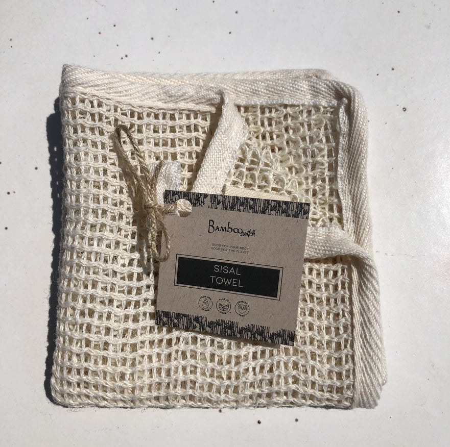Sisal vaskeklud i emballage, økologisk, bæredygtig hudpleje, zero waste
