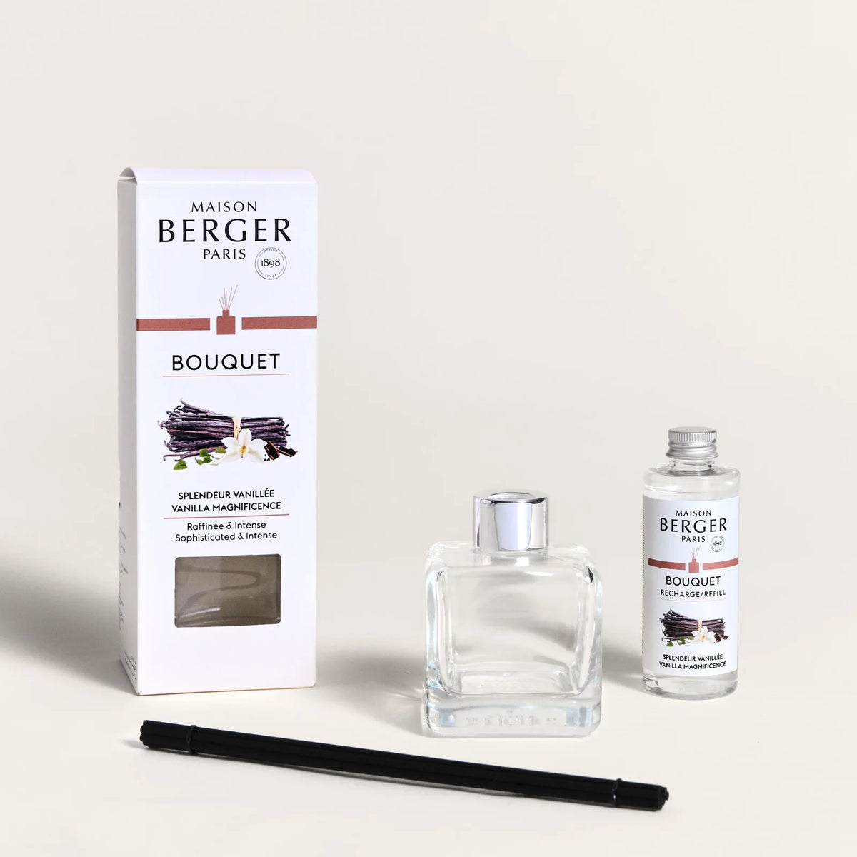 Maison Berger Bouquet vaniljeduft med cube flakon og diffuser