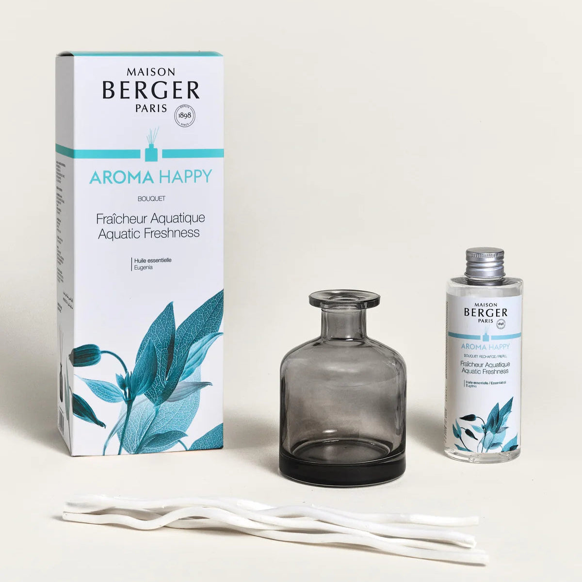 Maison Berger duftpinde med Aroma Happy i grå flakon, hjemmeduft diffuser til hjemmet &amp; garden