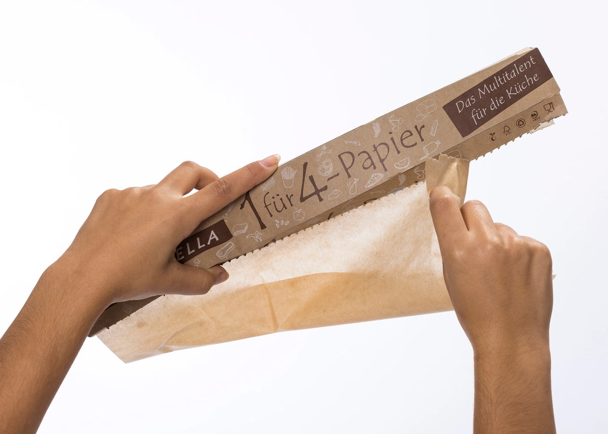 Compostella 1 for 4 Paper erstatter husholdningsfilm, aluminiumsfolie og bagepapir. Komposterbar husholdningsrulle 8 m – til bagning, opbevaring og madindpakning.