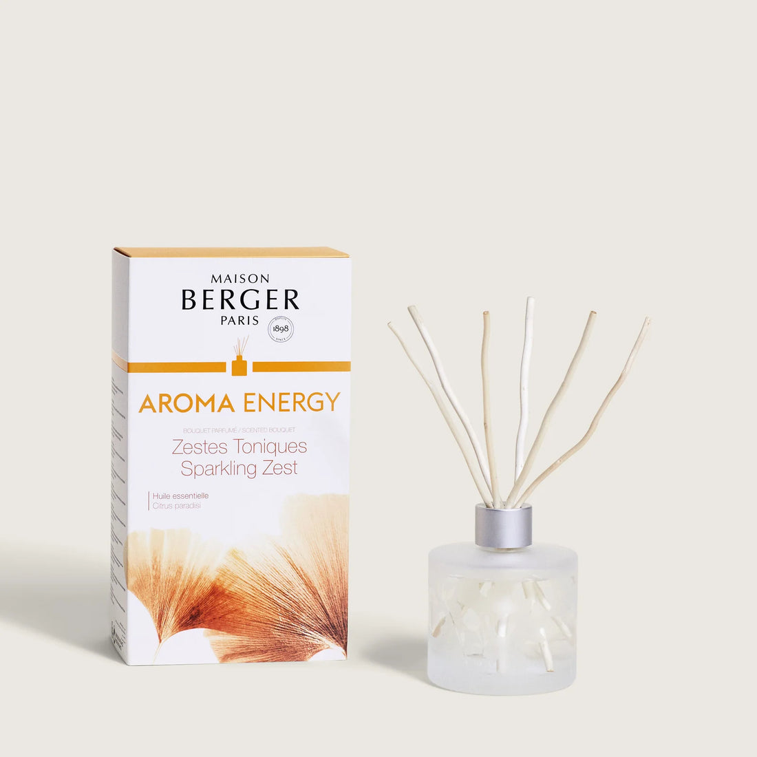 Maison Berger duftpinde med Frosted glas flakon og aroma Energy emballage i hjemmeduft kategori