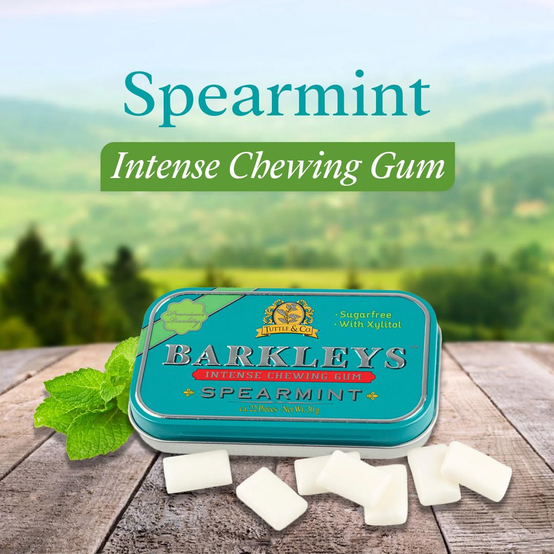 Spredermint tyggegummi i blå metalboks, Barkleys, intens smag, naturlige ingredienser, tyggegummi med xylitol
