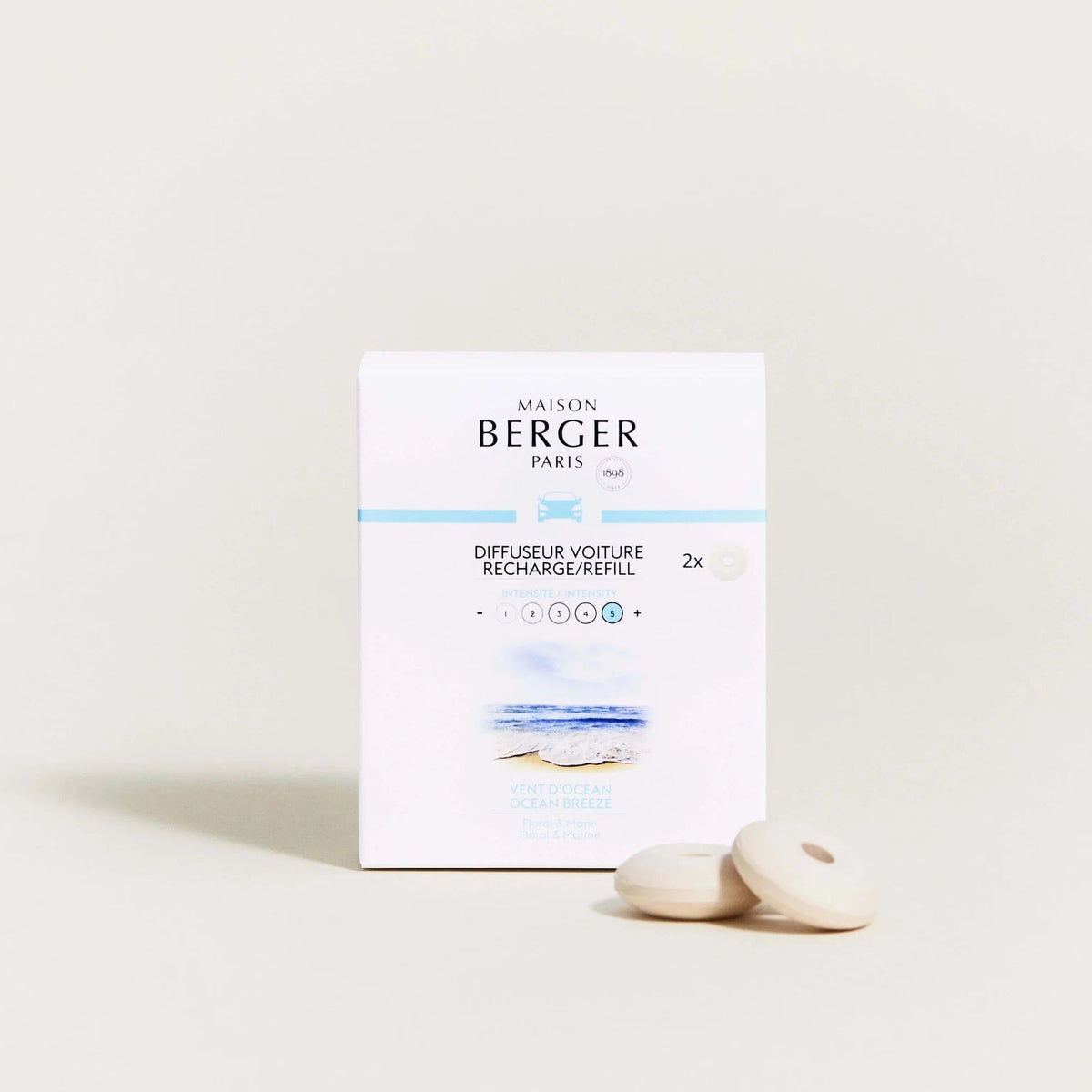 Frisk refill til Maison Berger bildiffuser med Ocean Breeze – en ren og maritim duft, der bringer havets lethed ind i bilen.