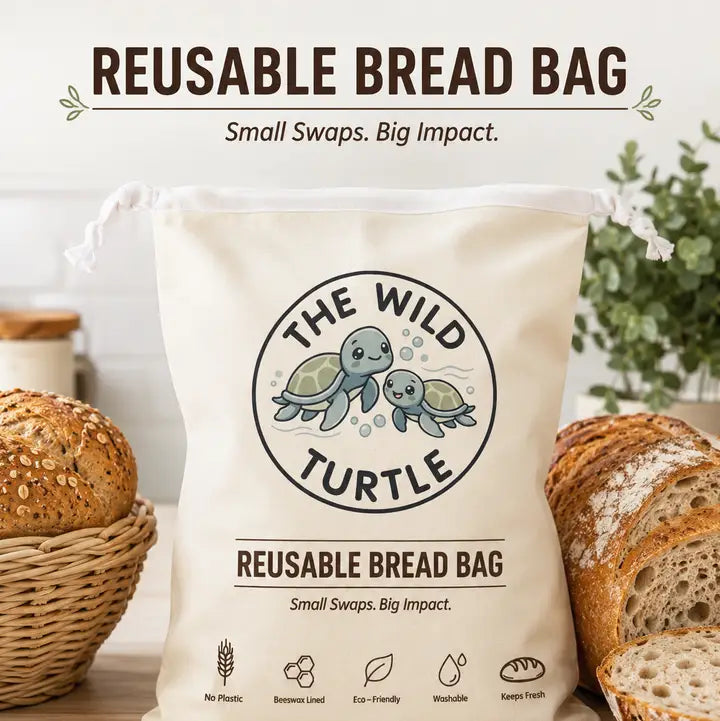 The Wild Turtle genanvendelig brødpose i bomuld med bivoksforet inderside til surdejsbrød og hjemmebag