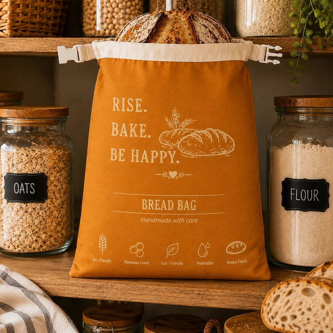 Rise Bake Be Happy brødpose med bivoksforet inderside og justerbar foldelukning til surdejsbrød