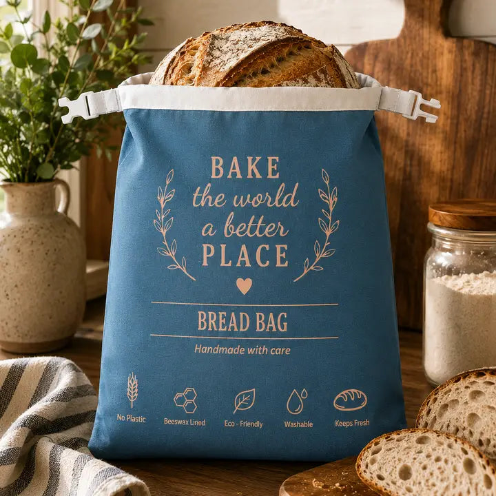 Bake the World a Better Place brødpose med bivoksforet inderside og justerbart spænde til surdejsbrød