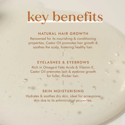 Text overlay on a beige background highlighting key benefits of castor oil for hair and skin