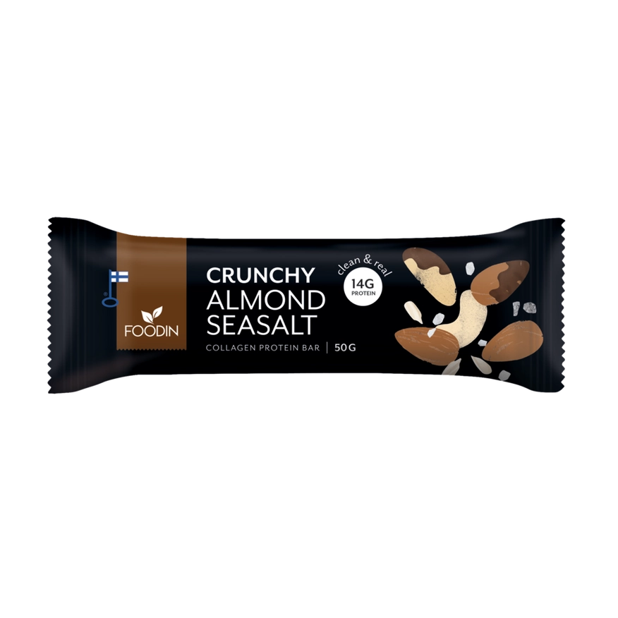 Crunchy Almond Seasalt proteinbar i sort emballage med logo og mandler
