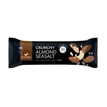 Crunchy Almond Seasalt proteinbar i sort emballage med logo og mandler