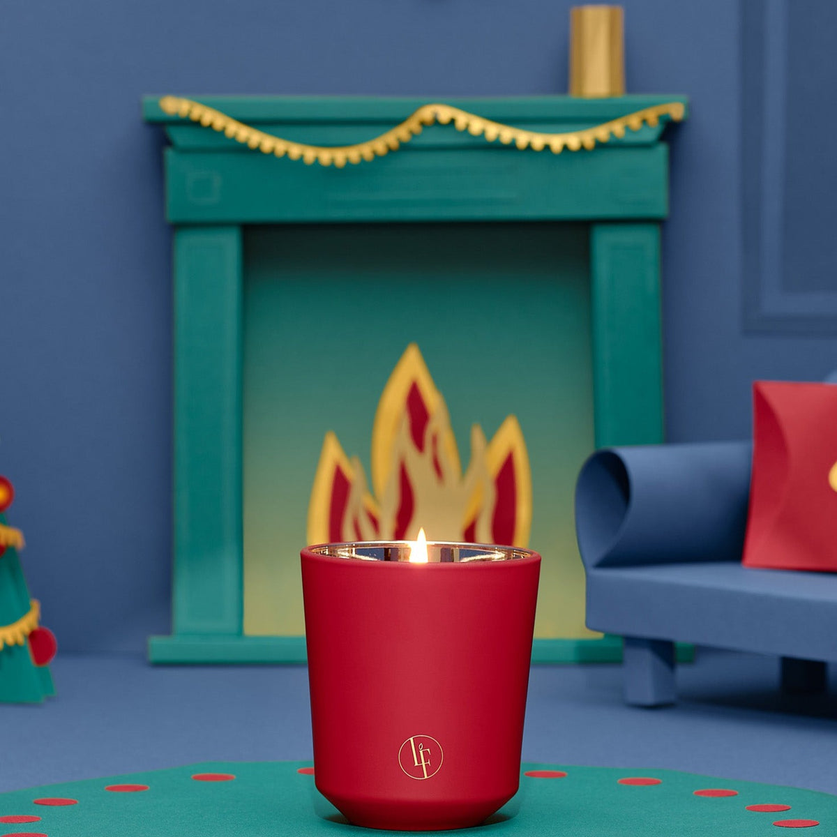 Rødt duftlys med logo, julepynt, hjemmedekoration