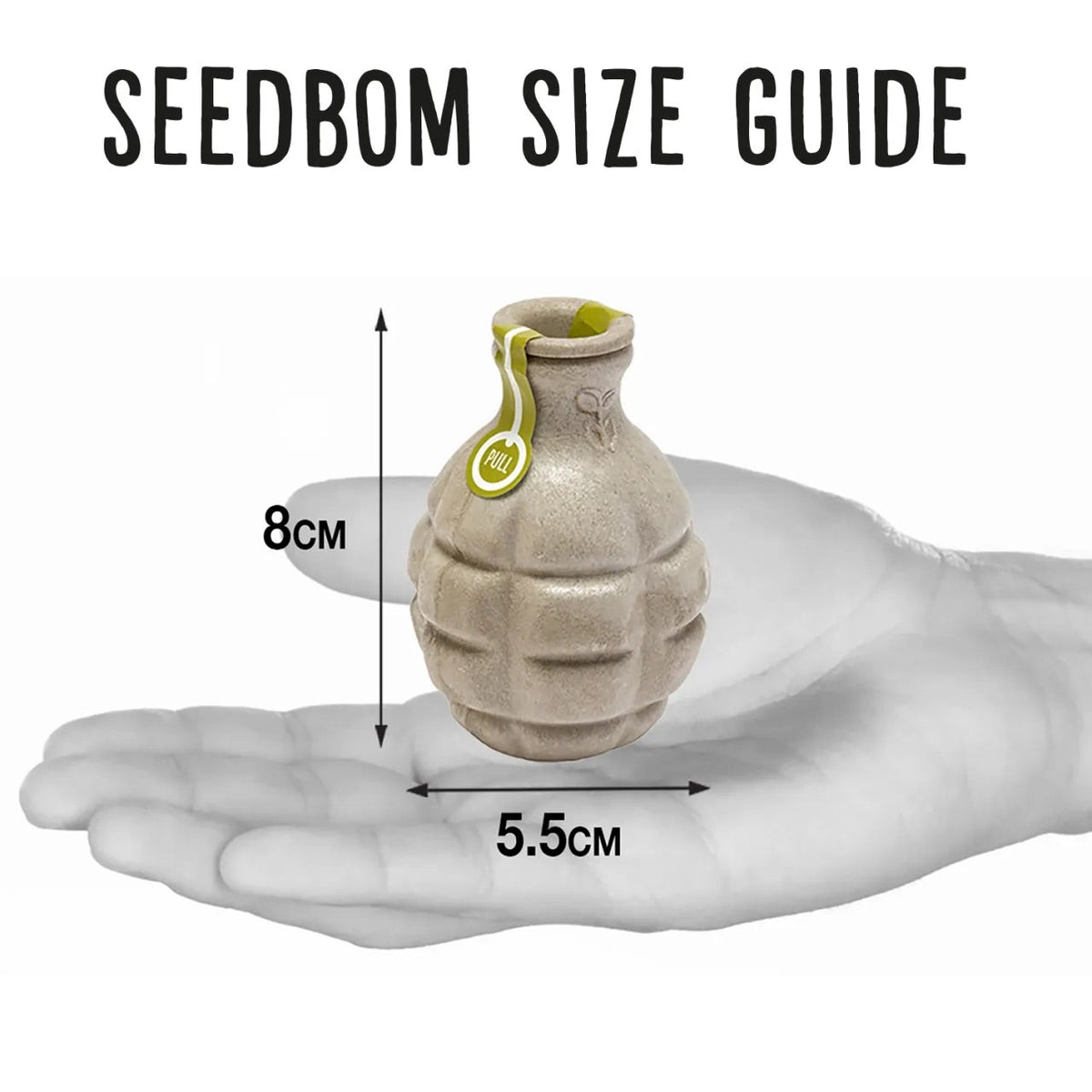 Miniature frøbombe med mål på 8 cm højde og 5,5 cm bredde