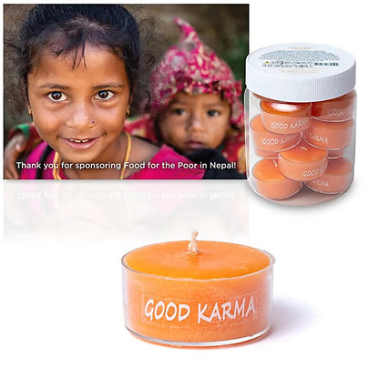 Bæredygtigt fyrfadslys i glas med Good Karma logo, hjemmedekoration