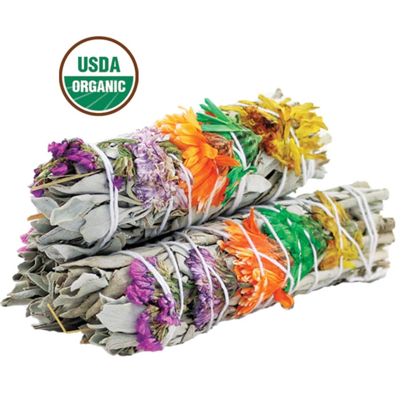 Økologiske salvie bundter med blomster, USDA Organic logo
