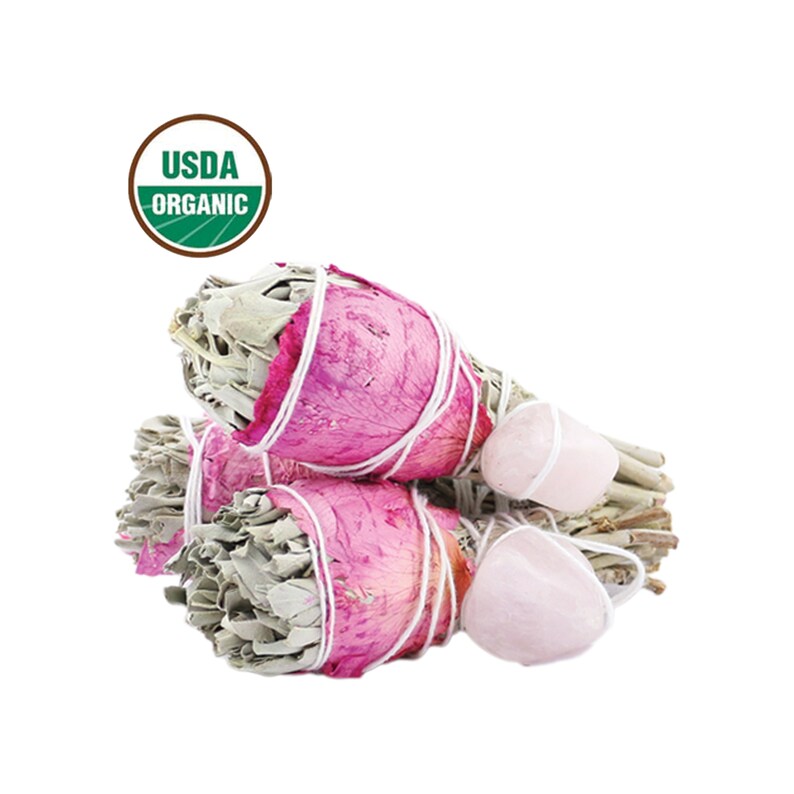 USDA økologiske salvie bundter med rosa og hvide røgelse, spirituel rensning