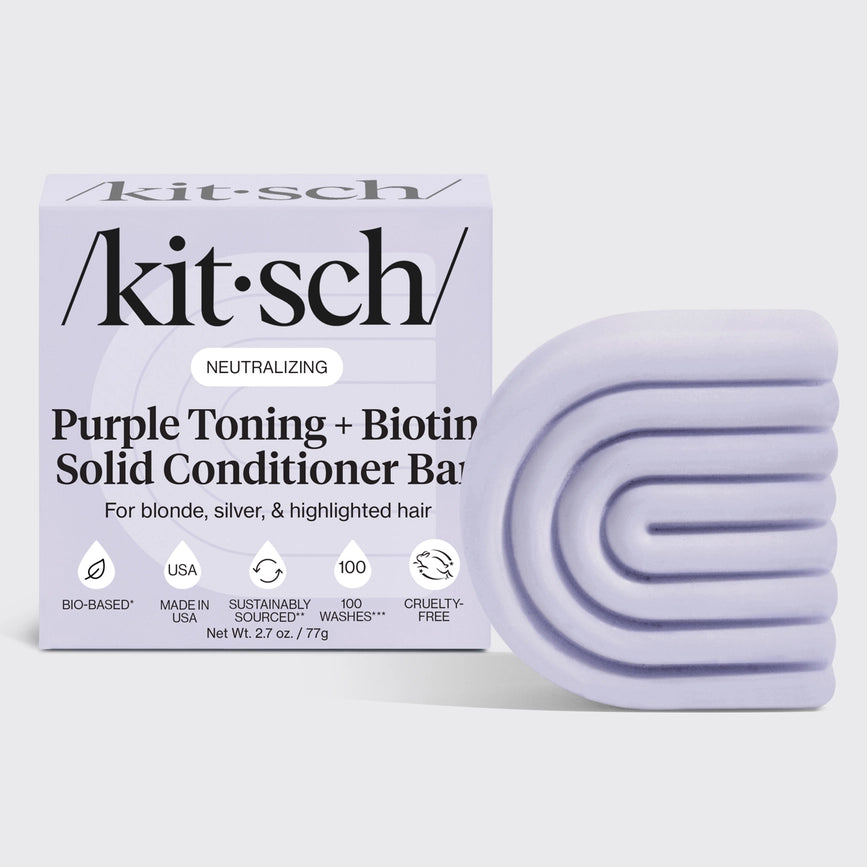 Purple conditioner bar med biotin. Neutraliserer gule toner & styrker blondt og farvet hår. Vegansk, bæredygtig & plastikfri hårpleje fra KITSCH.