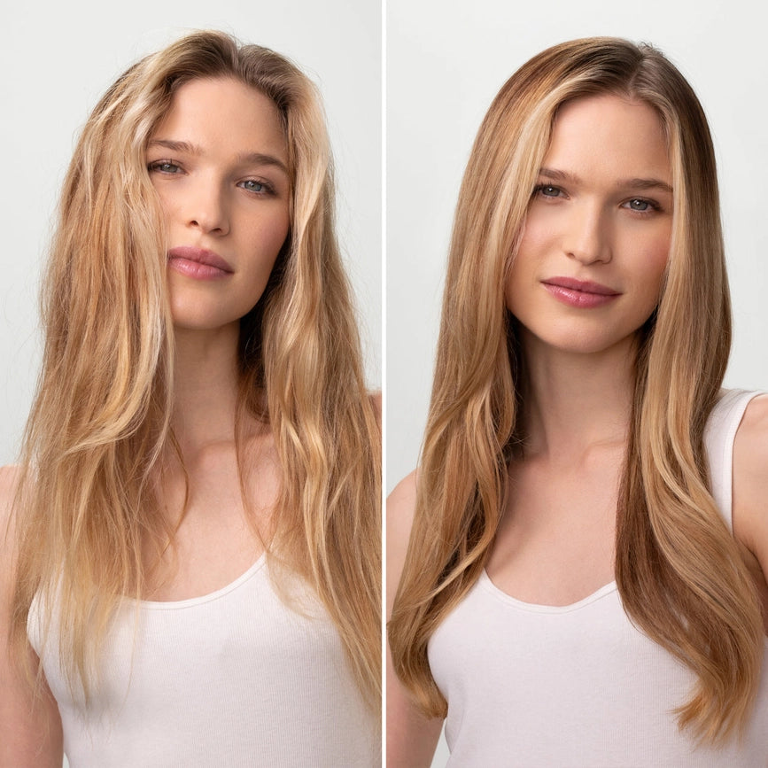 Fint hår før og efter behandling med KITSCH rice water shampoo og balsam