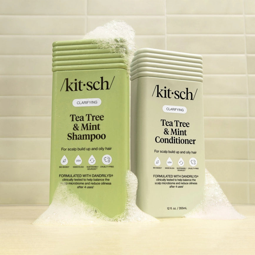 Kitsch balsam med tea tree og mint, dybderensende hårpleje til fedtet hår, flydende balsam i grøn emballage med skum