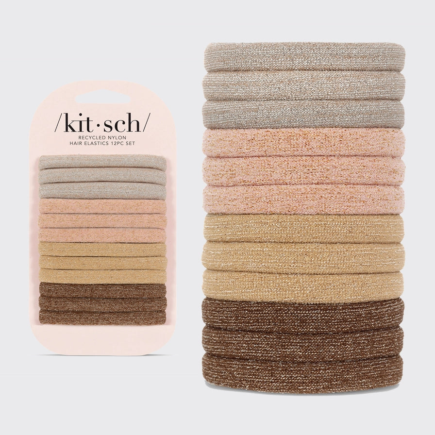 KITSCH hårelastikker med glimmer i neutrale farver – bløde, skånsomme og bæredygtige elastikker i recycled nylon. Perfekte til hverdags- og festfrisurer med et elegant touch.