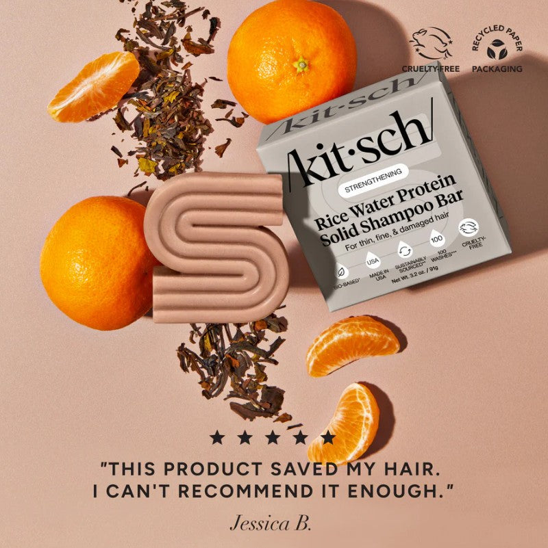 KITSCH Rice Water Shampoo Bar styrker, reparerer og giver volumen til håret med risvand &amp; naturlige proteiner. Fremmer hårvækst, reducerer hårbrud &amp; giver glans