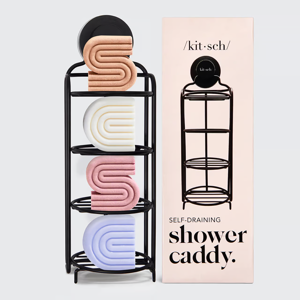 Hold dine shampoo bars, conditioner bars og sæber tørre og organiserede med KITSCH Self-Draining Shower Caddy. Elegant, rustfri sæbeholder med sugekop og fod – vegansk, bæredygtig og zero-waste designet.