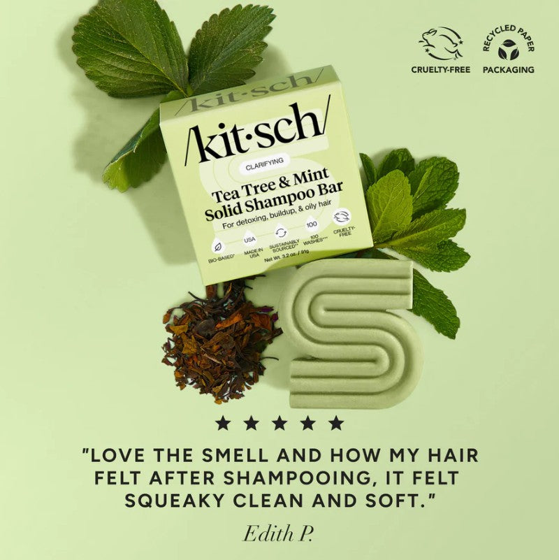 KITSCH Tea Tree &amp; Mint Shampoo Bar – dybderensende og antibakteriel pleje, der balancerer hovedbunden, reducerer olie og giver friskhed og volumen.