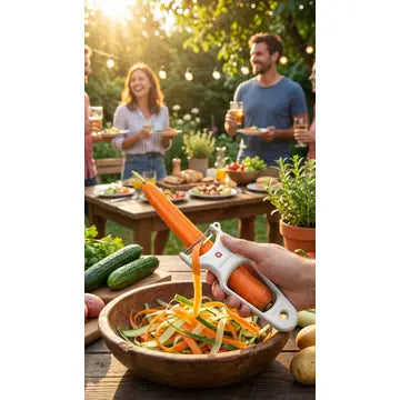 Food peeler i brug til grøntsager ved udendørs madlavning